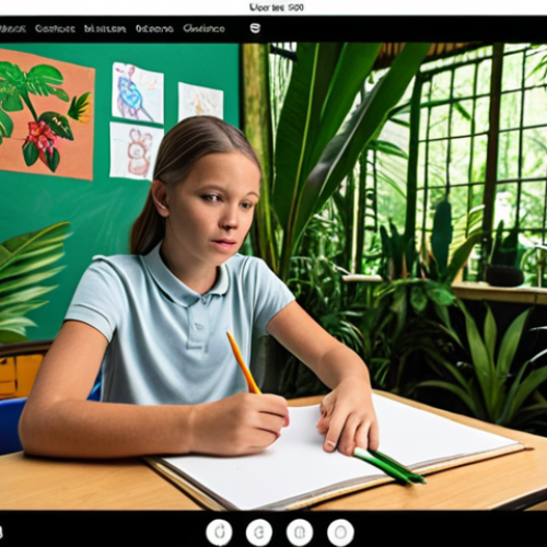 Home 8 ** A vibrant online classroom with a teacher using a tropical rainforest background on their video call. Students are actively engaged, asking questions and sharing their knowledge of the natural world. Some students have decorated their learning spaces with drawings and handmade crafts related to the lesson.
**