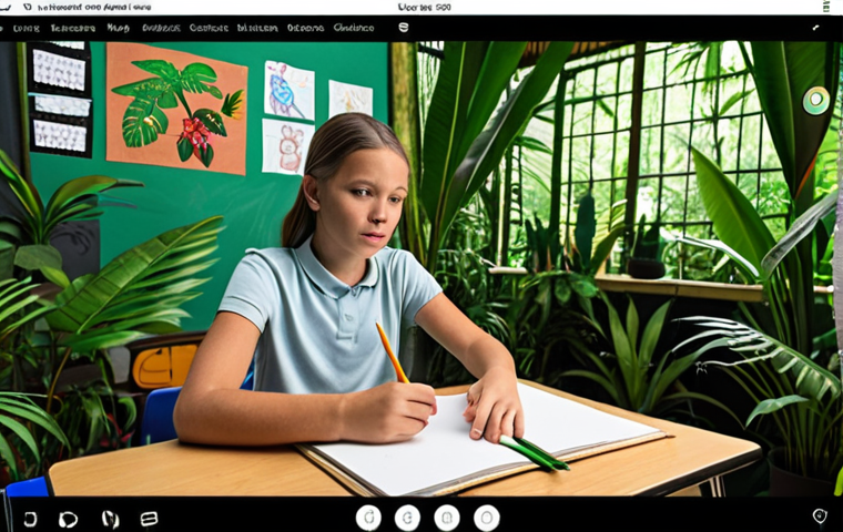 ** A vibrant online classroom with a teacher using a tropical rainforest background on their video call. Students are actively engaged, asking questions and sharing their knowledge of the natural world. Some students have decorated their learning spaces with drawings and handmade crafts related to the lesson.

**