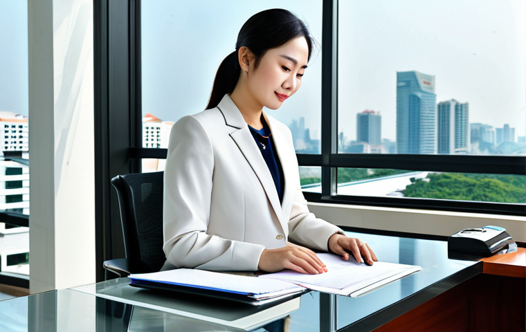 Professional Office Environment**
"A successful businesswoman in a modern, fully-clothed professional business suit, working at a clean desk in a bright, open office space with large windows overlooking Ho Chi Minh City. Appropriate attire, safe for work, perfect anatomy, natural proportions, professional photography, high quality, modest."
**