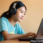 Home 22 온라인 교육에서의 커뮤니케이션 도구 비교 - **Prompt:** A young Vietnamese female student, appearing to be in her late teens, sits at a simple y...