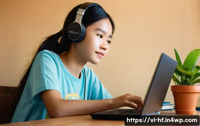 온라인 교육에서의 커뮤니케이션 도구 비교 - **Prompt:** A young Vietnamese female student, appearing to be in her late teens, sits at a simple y...