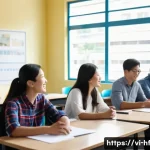 Home 21 인터랙티브 수업 기법 활용하기 - A lively Vietnamese classroom scene showing a diverse group of adult learners in casual attire, sitt...