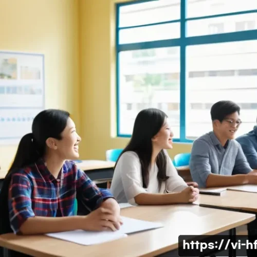 Home 33 인터랙티브 수업 기법 활용하기 - A lively Vietnamese classroom scene showing a diverse group of adult learners in casual attire, sitt...