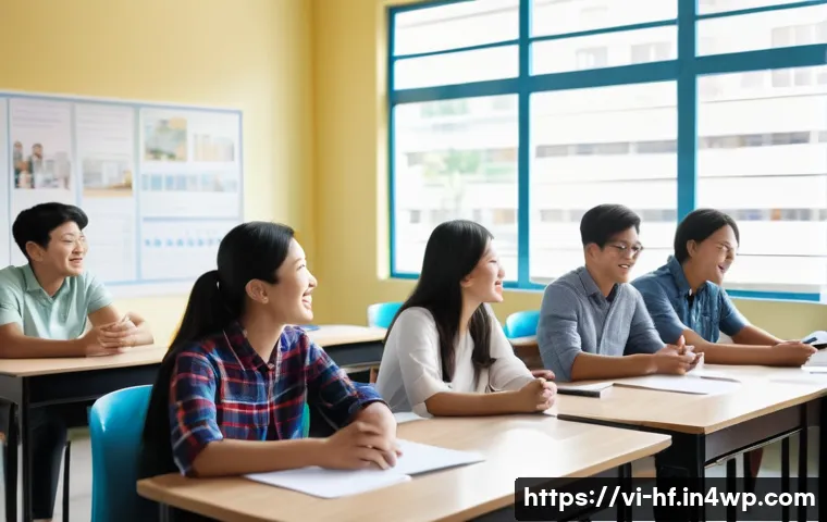 인터랙티브 수업 기법 활용하기 - A lively Vietnamese classroom scene showing a diverse group of adult learners in casual attire, sitt...