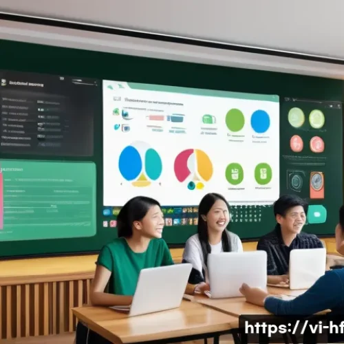 Home 32 가상 학습 환경에서의 교수법 - A modern virtual classroom scene featuring a diverse group of Vietnamese students engaging with an o...