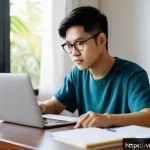 Home 18 온라인 강의의 학습 성과 평가 기법 - A Vietnamese student sitting at a tidy desk in a cozy home study room, using a laptop to attend an o...