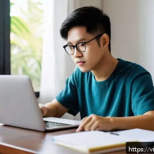 Home 30 온라인 강의의 학습 성과 평가 기법 - A Vietnamese student sitting at a tidy desk in a cozy home study room, using a laptop to attend an o...