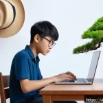 Home 23 온라인 수업 자료 공유 플랫폼 소개 - A modern Vietnamese student studying online at home, using a sleek laptop and smartphone, surrounded...